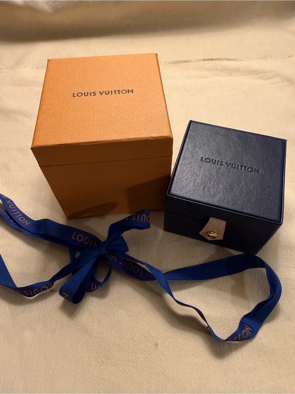 Louis Vuitton Navy Leather Jewelry Box with Orange Presentation Box & Ribbon